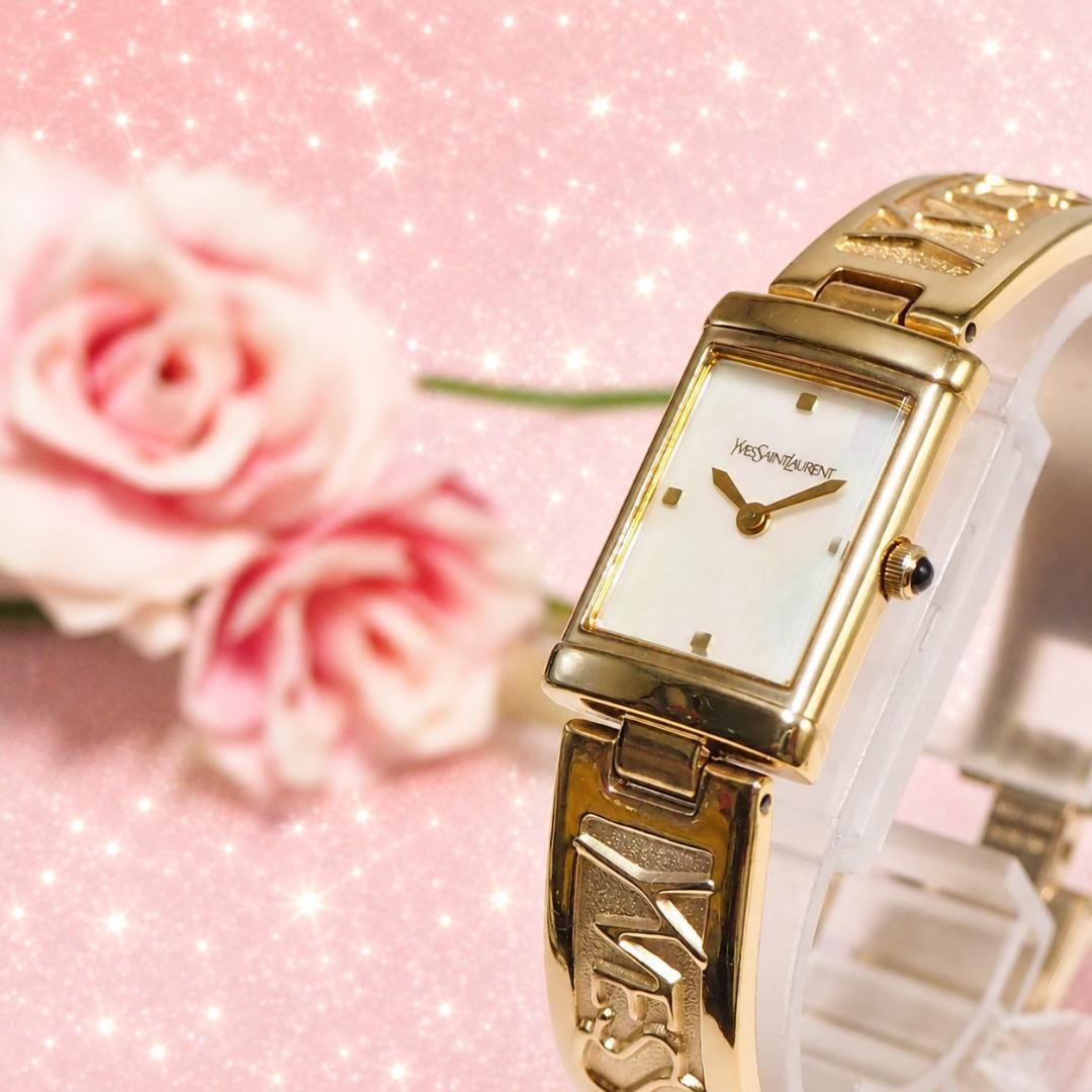 Yves Saint Laurent Square Shell Dial Bangle Watch White H922 Japan 075749