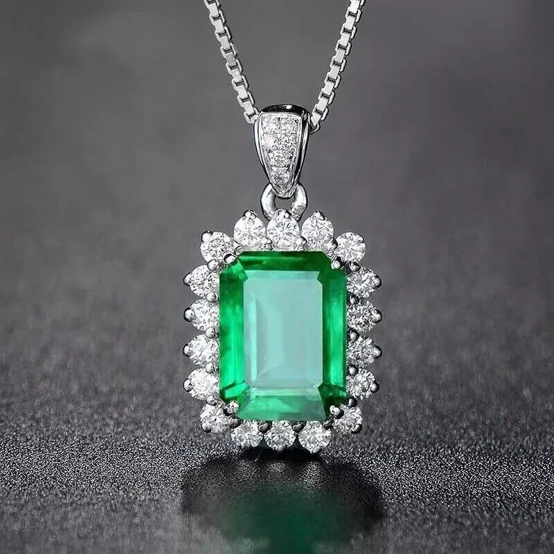 4Ct Emerald Cut Lab-Created Emerald Halo Pendant 14K White Gold Plated 16″ Chai
