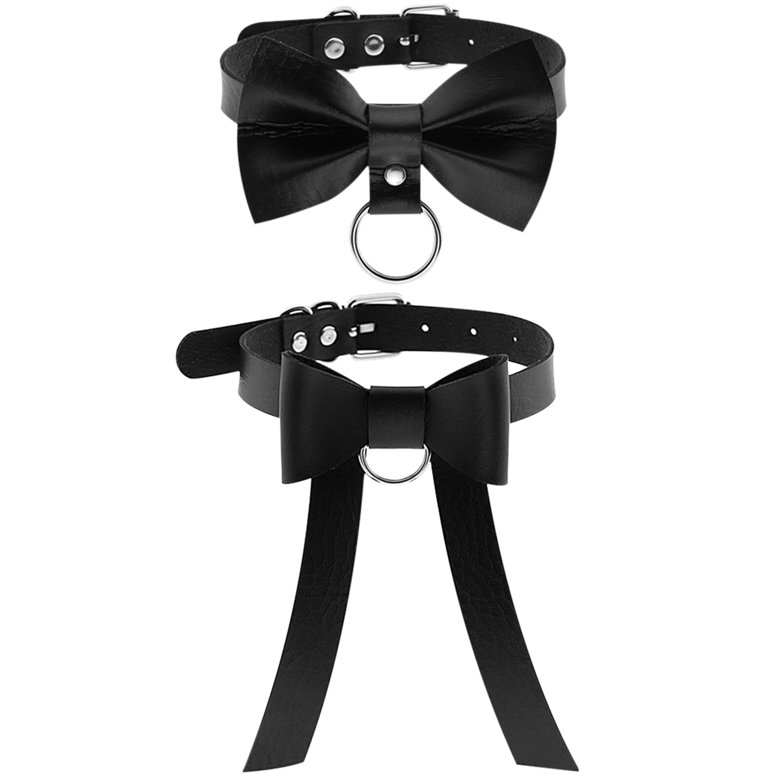 2pcs Women’s Gothic Punk Bowknot Black PU Leather Choker Necklace Collar Bondage