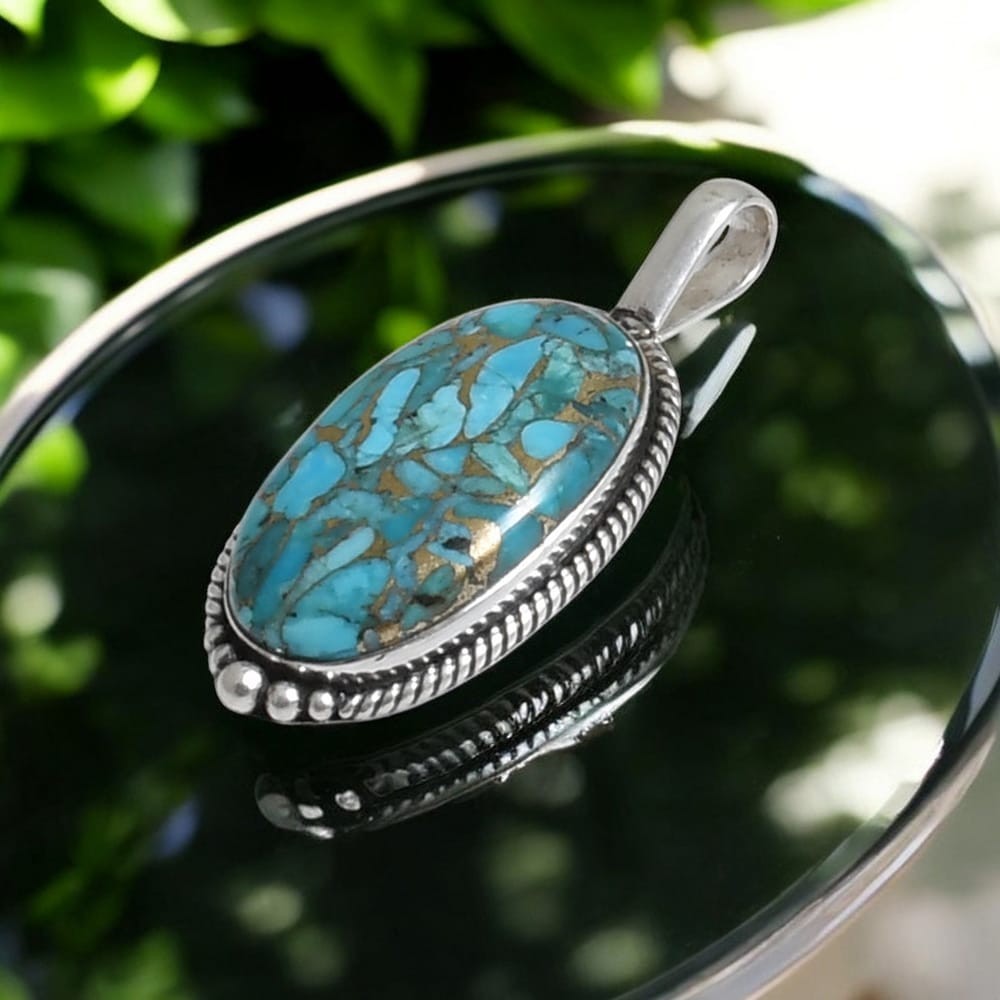 Blue Copper Turquoise Gemstone Pendant Solid 925 Sterling Silver Pretty Pendant