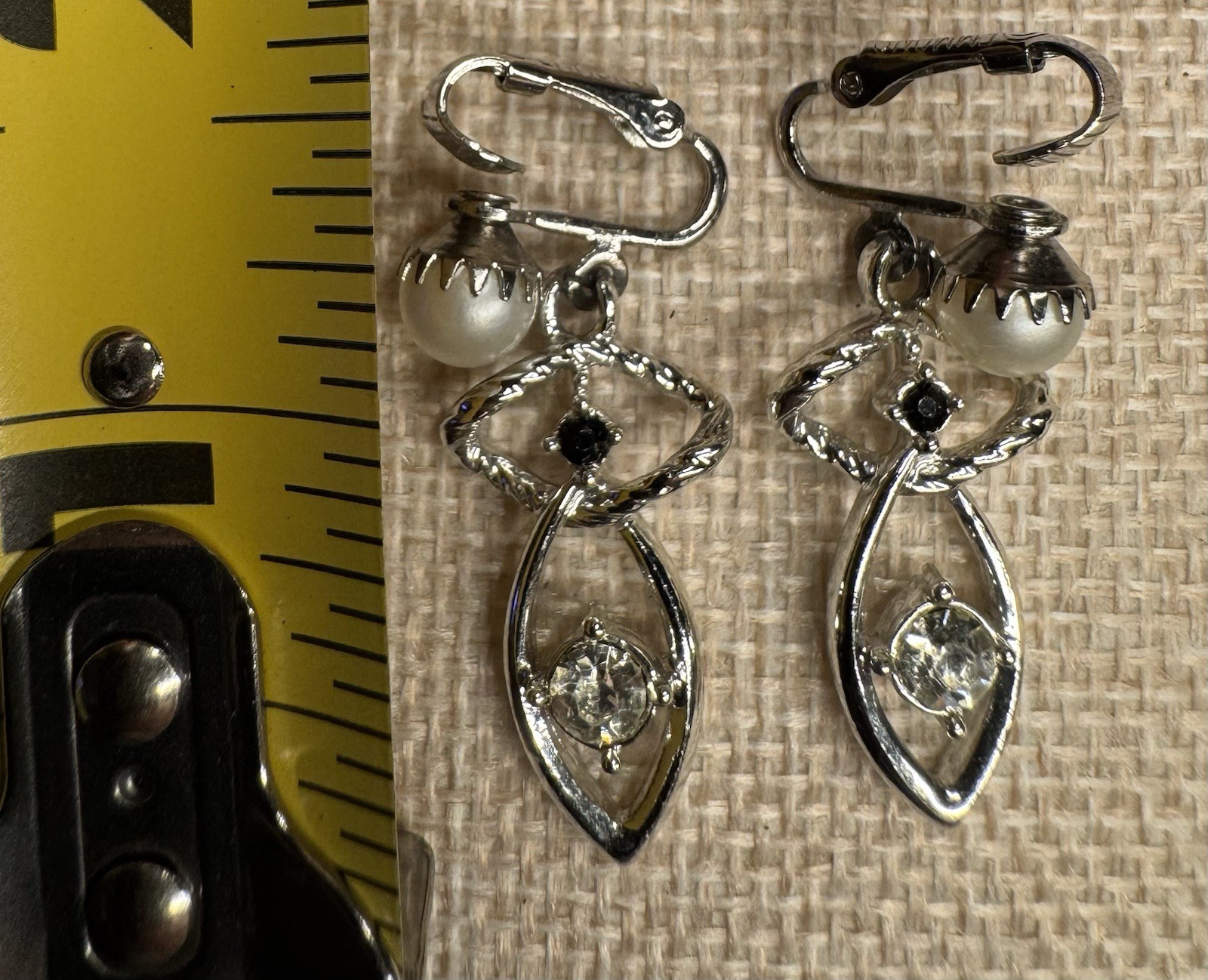 Vintage Silver Tone Signed Dangle Leverback Earrings Faux Pearl & Clear Crystal