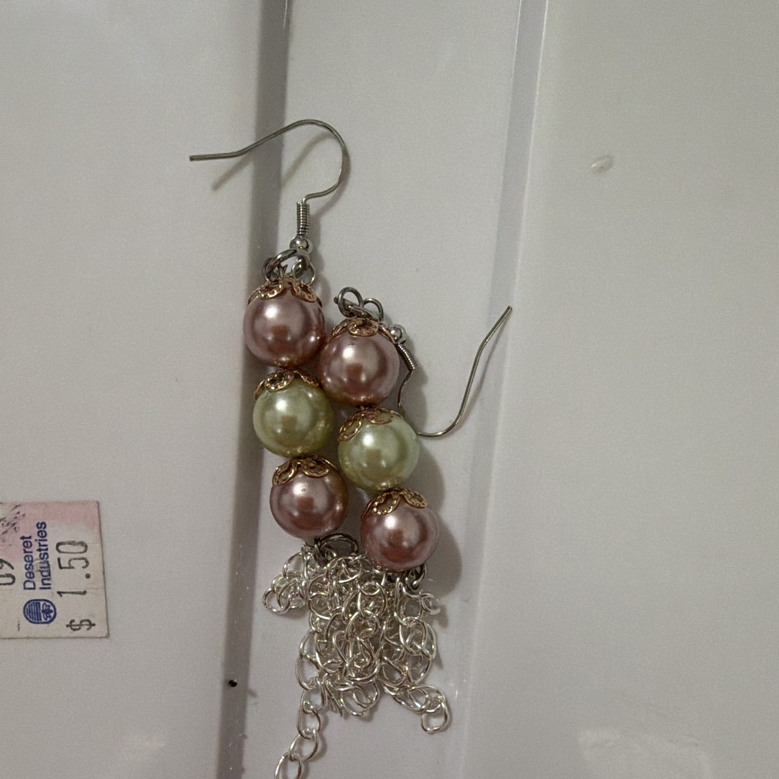 Silver Tone Dangle/Drop Hook Earrings Pink & Green Simulated Pearl Beads