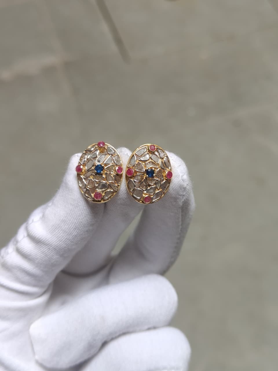 Natural Polki Stud Earrings 925 Sterling Silver Handmade Bridal Wedding Gift
