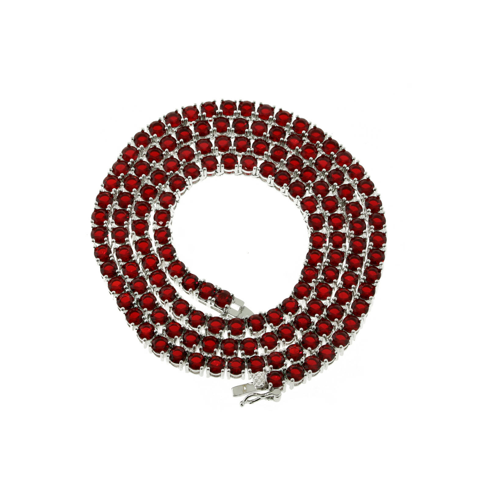 Solitaire 4MM Tennis Chain Necklace Silver Finish Red Lab Diamonds 18-24”