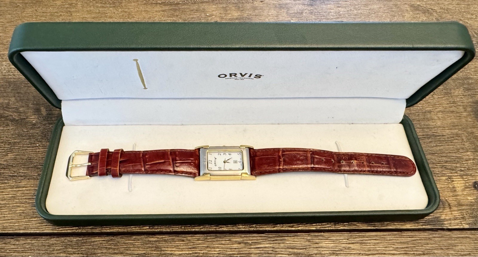 Orvis Quartz Watch Mens Rectangular Tank Leather Box Date VTG – Needs Battery