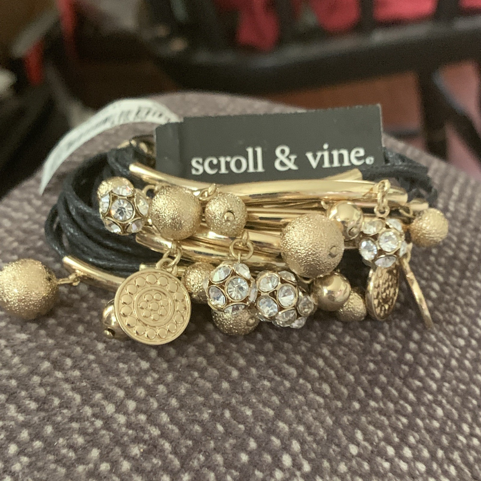 scroll & vine Signed Gold Tone Black Cord Multi-Row Charm Bracelet w/ Crystals