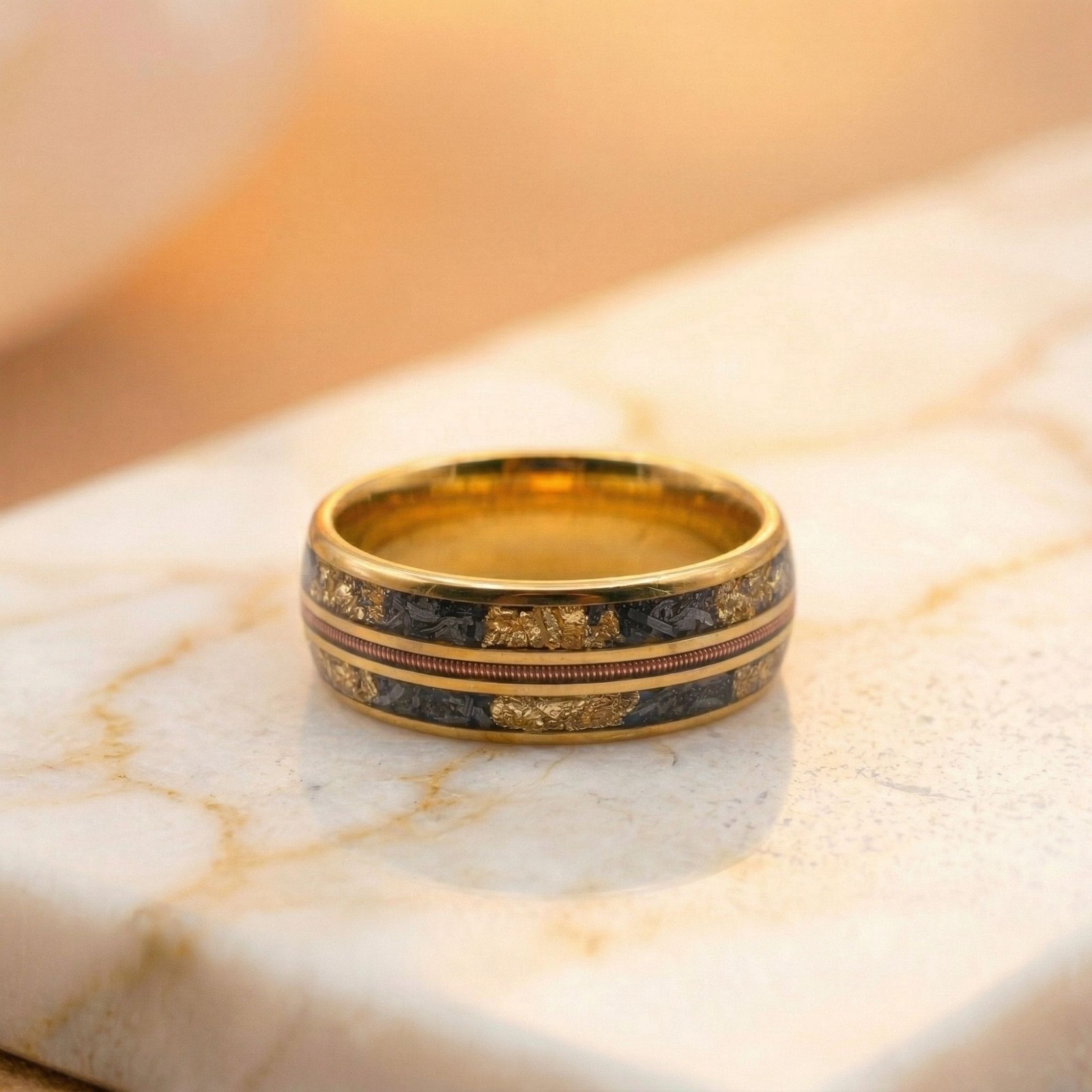 Meteorite Gold Leaf Tungsten Wedding Band – Men’s Yellow Gold Guitar String Ring