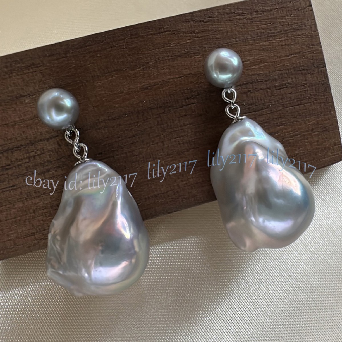Huge Natural Silver Gray Baroque Keshi Pearl Dangle Silver Stud Earrings Jewelry