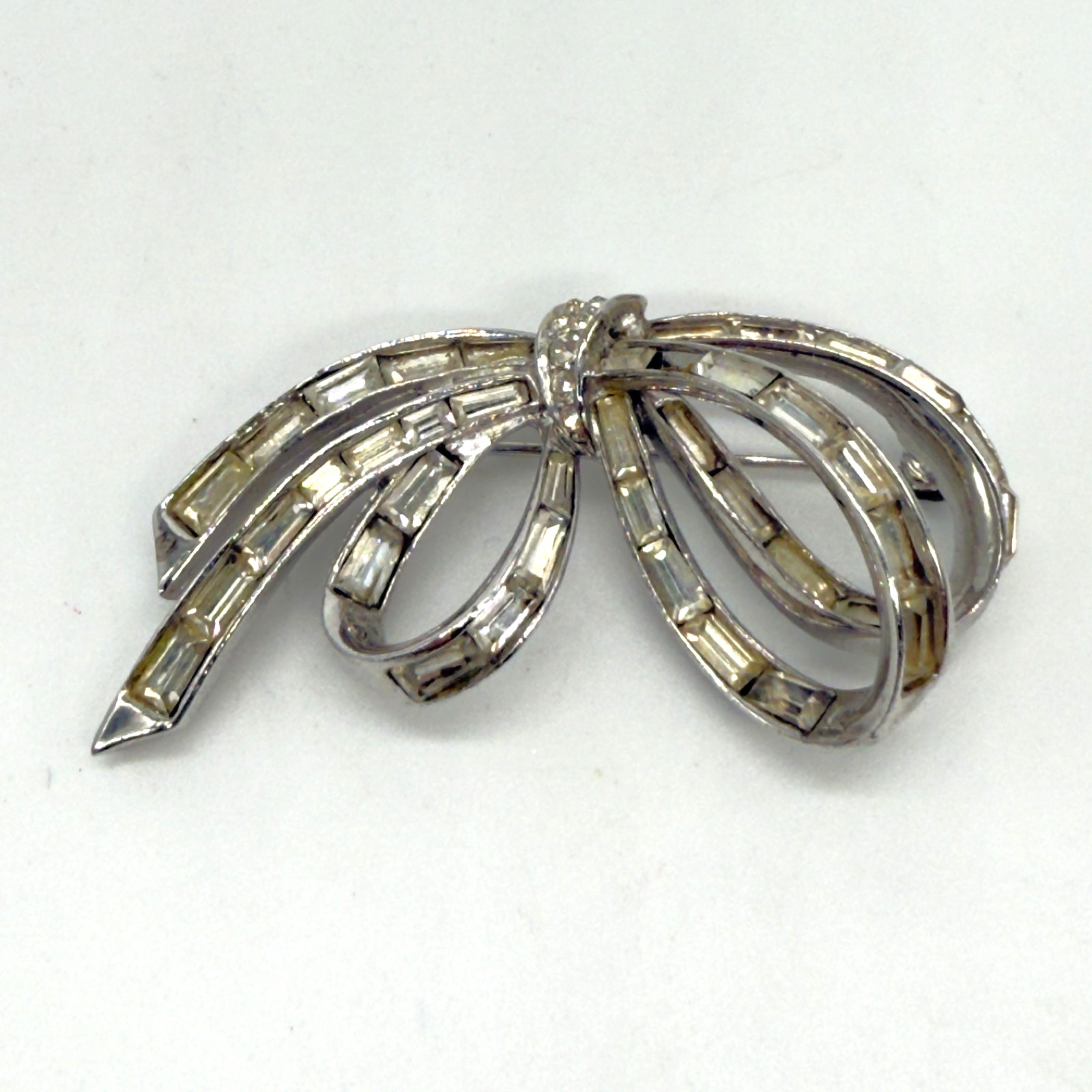 Vintage Marcel Boucher Brooch Bow Baguette Rhinestones 1 Missing Silver Tone
