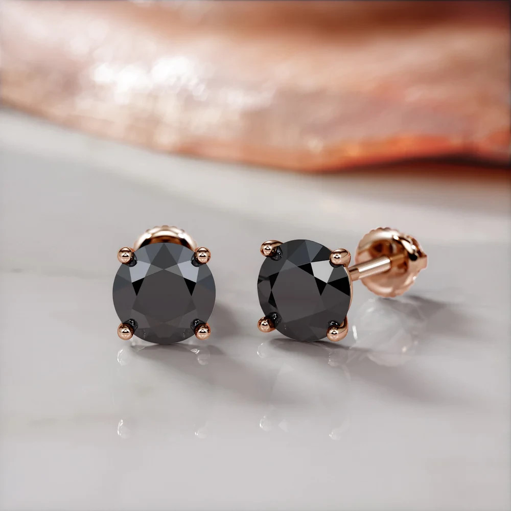 Natural Black Diamond Stud Earrings Martini Setting 14K Gold ScrewBack Men Women