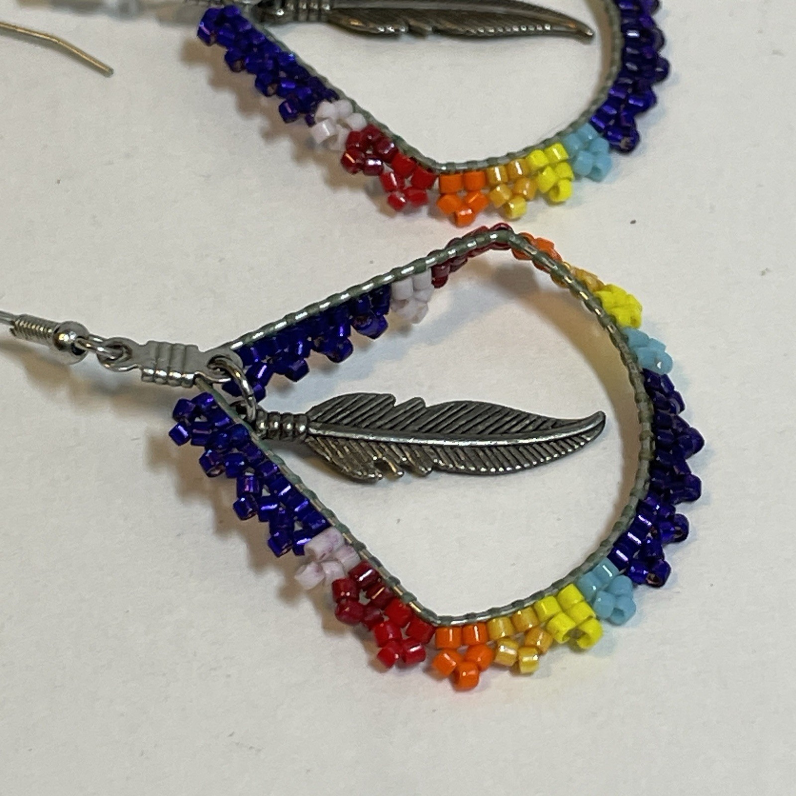 Vintage Rainbow Seed Bead Hoop Wire Earrings Silver Tone Festival Boho Colorful