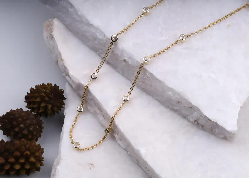 2.00 TCW Round Real Lab created Bezel Filled Necklace In 14k Yellow Gold Plated