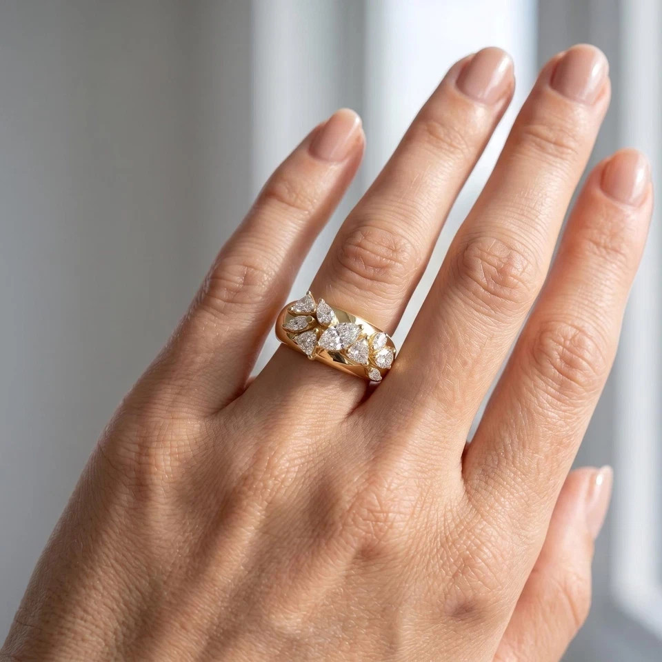 Cluster Engagement Ring Sale ! Marquise Cut Lab Grown Diamond 14k Yellow Gold