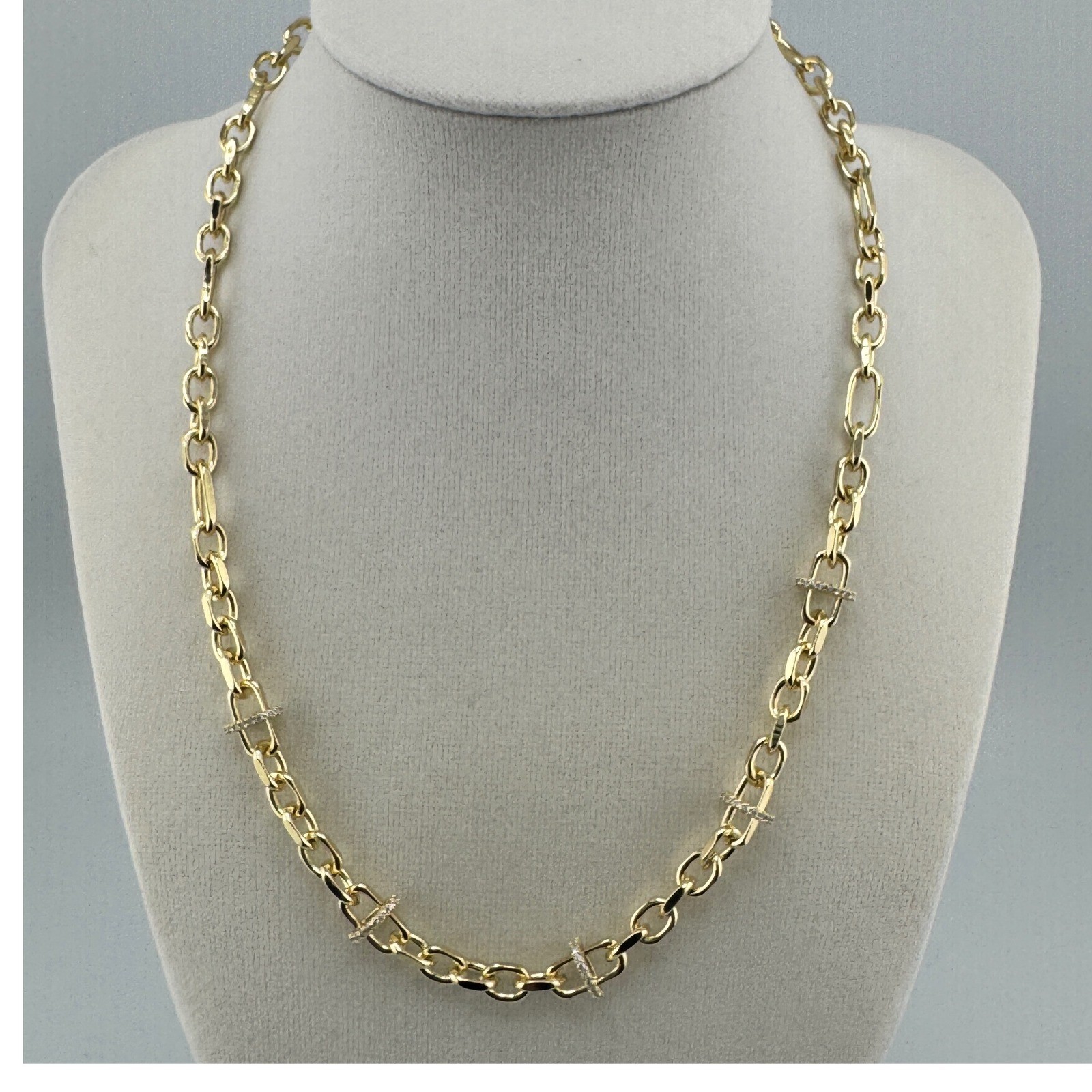 Gold Tone Pavé Crystal Bar Link Chain Necklace Adjustable Paperclip Style