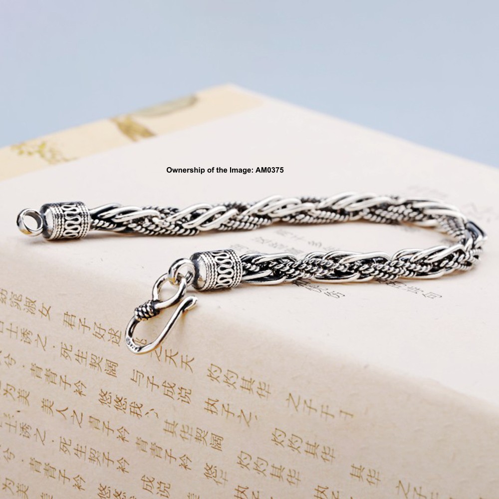 Pure 925 Silver Braided Wheat Link Chain Bracelet for Men/Women Vintage Look