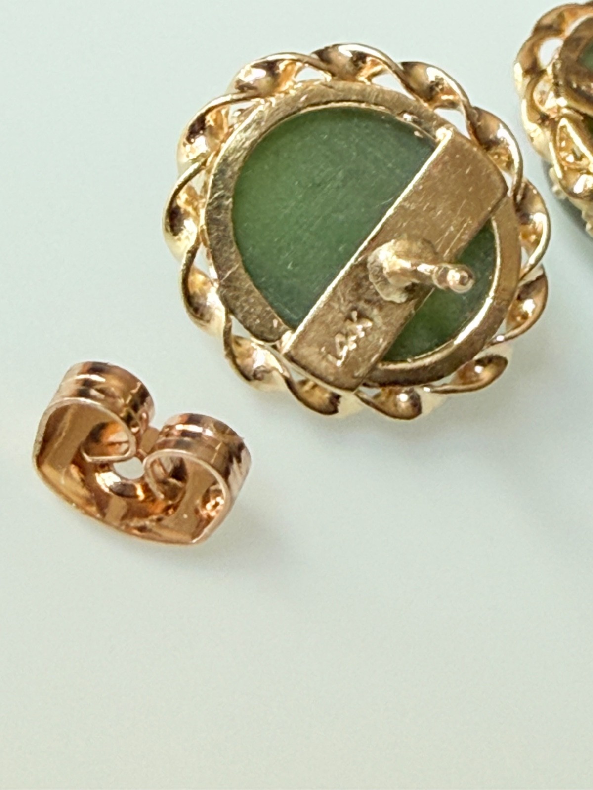 Vtg Stud Green Cabochons Earrings set in 14K Gold Intricate Twisted Prong Set…