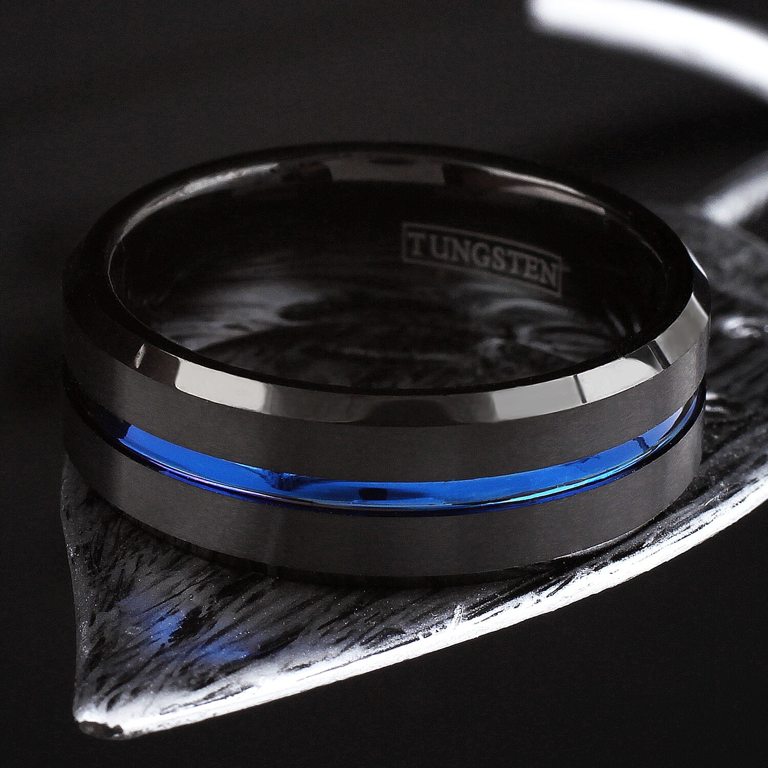 Black Tungsten Carbide Brushed Thin Blue Line Band Ring-Police Law Enforcement