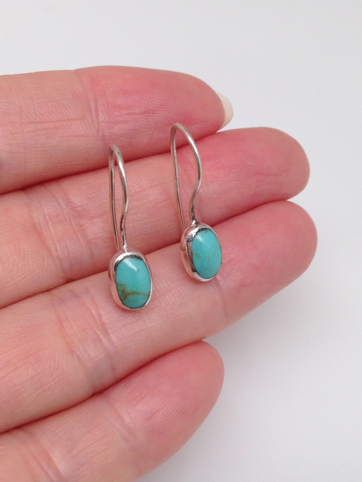925 Sterling Silver Oval Turquoise Dangle Earrings Tiny Dainty Turquoise 7.5mm