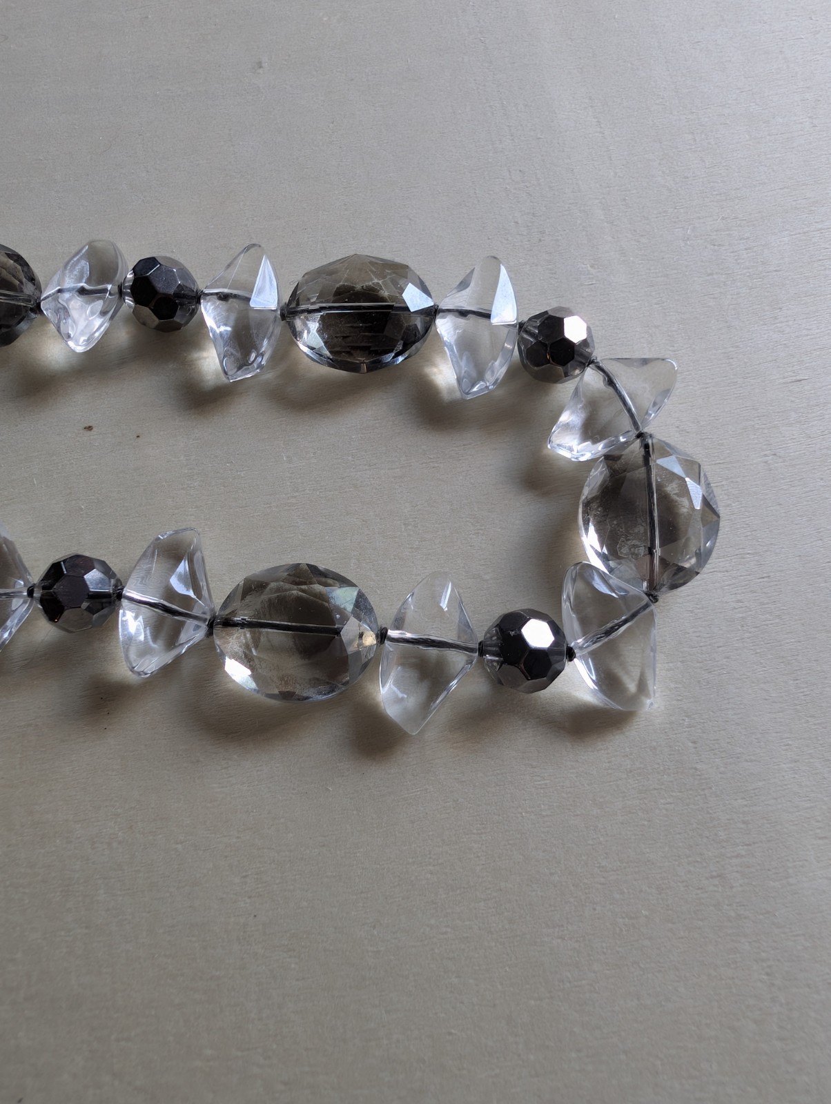 Gray Ribbon Crystal Beaded Necklace with Clear Round Glass Beads