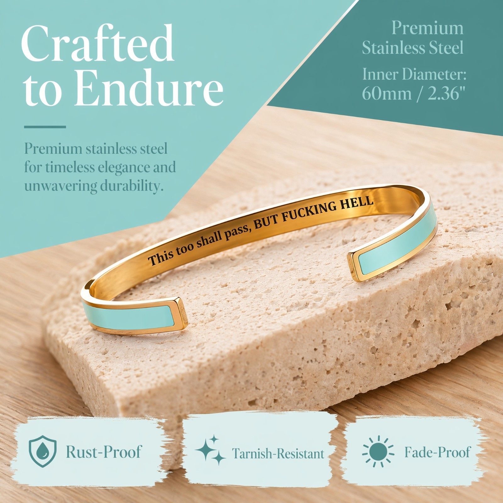 This Too Shall Pass Engraved Cuff Bracelet Stainless Steel Inspirational Secret