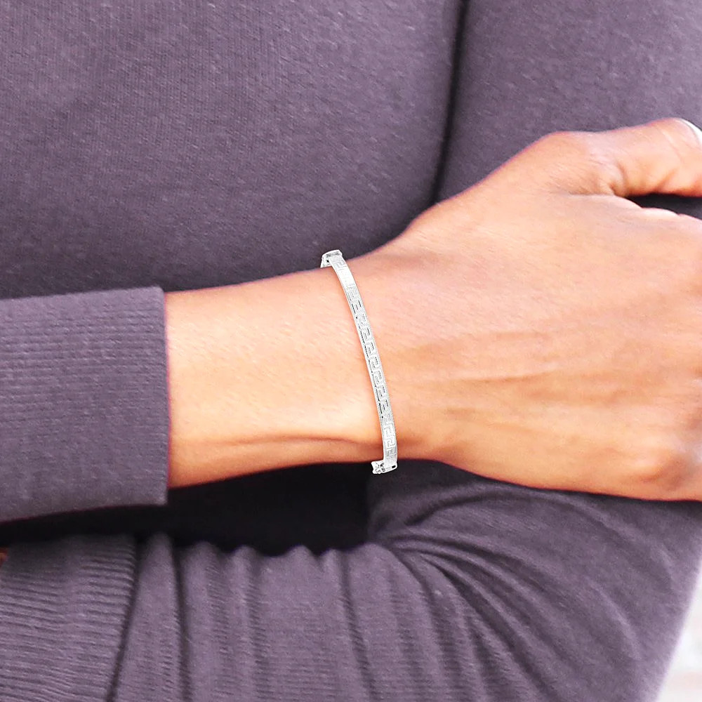 Sterling Silver RH-Plated Polished Textured Greek Key Hinged Bangle