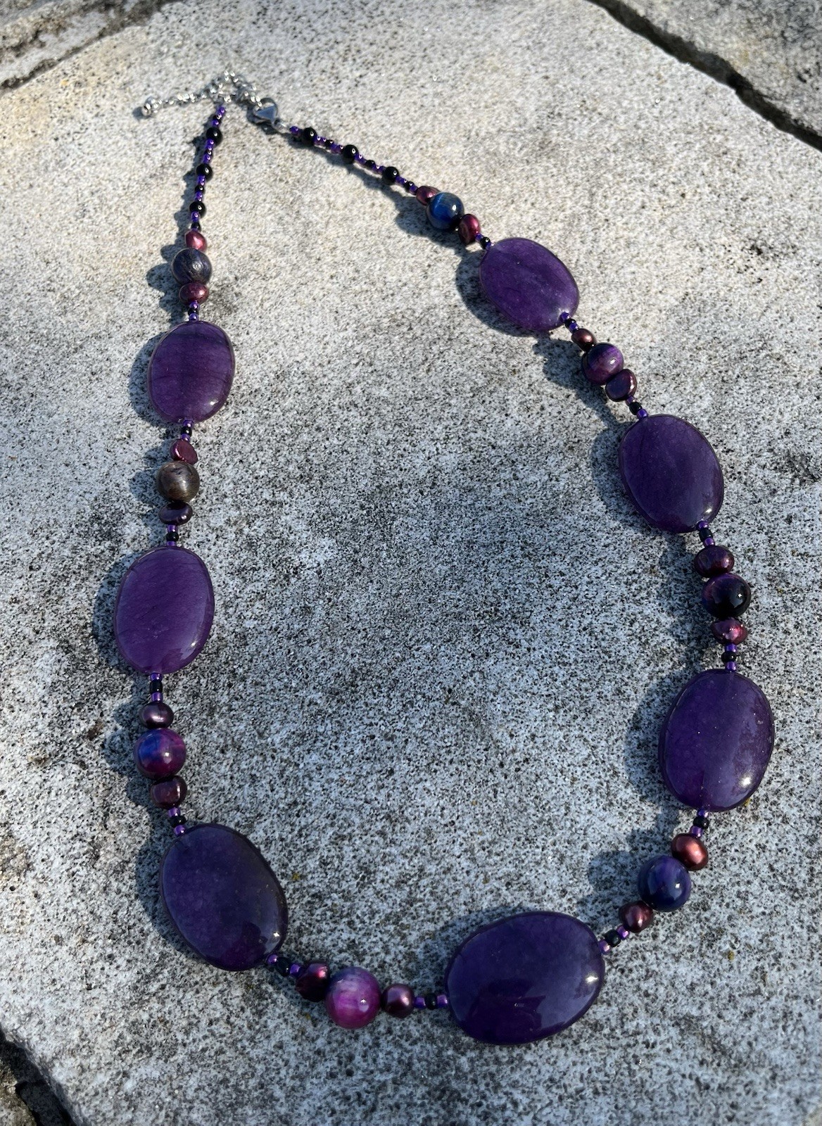 Purple Quartz Necklace / Aurora Tiger’s Eye & Magenta Freshwater Pearls! 21″ WOW