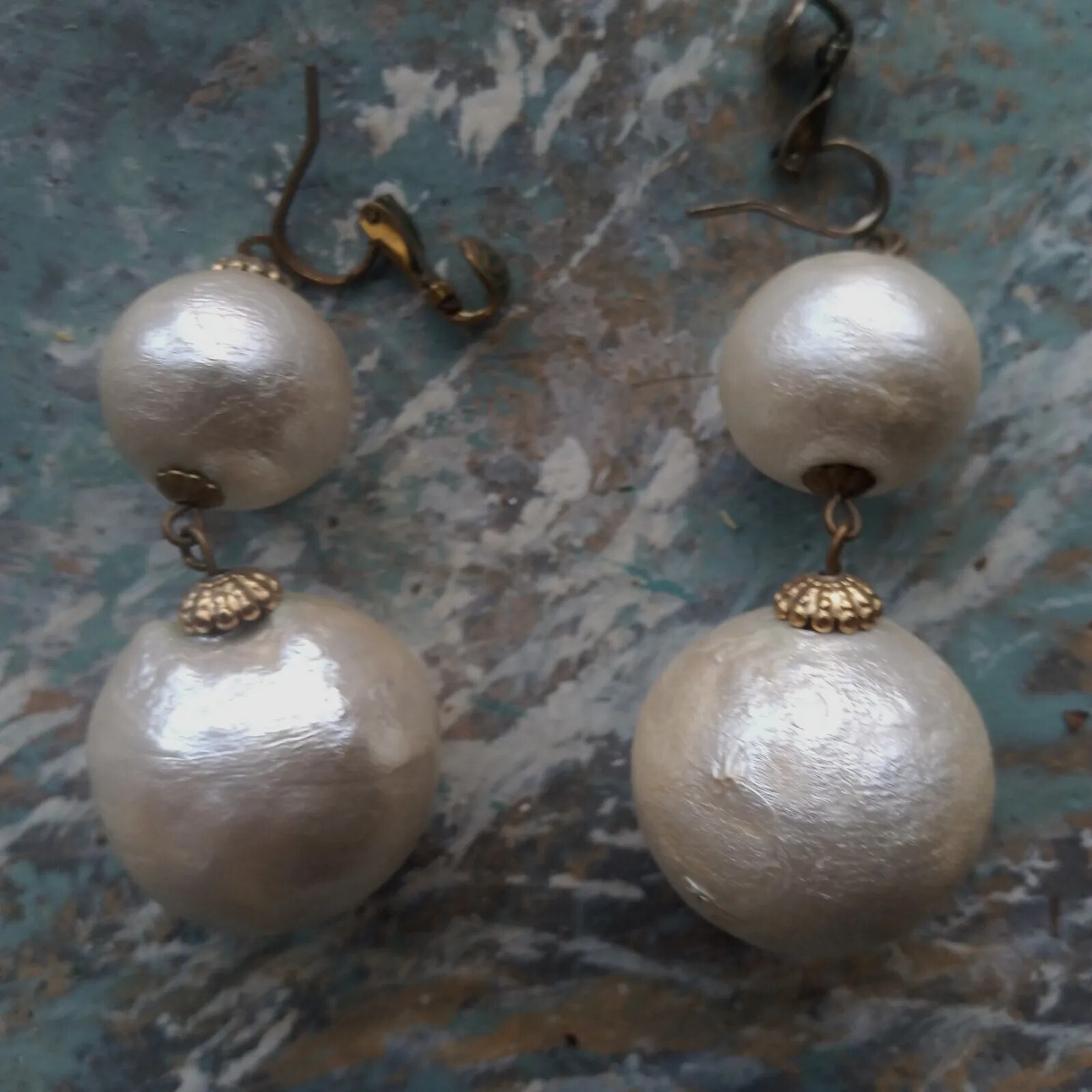 Stylish White Cotton Pearl Dangle EARRINGS 2.5″ Hook and Clip Combo