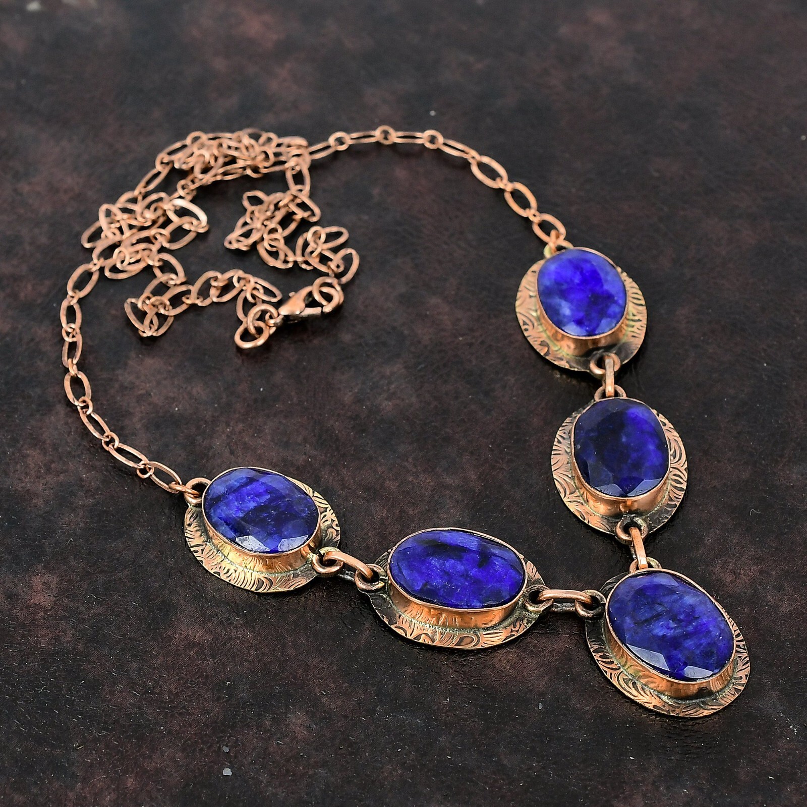 Womens day Sale Oval Blue Saphir Gemstone Copper Sister Bezel Necklace Jewelry