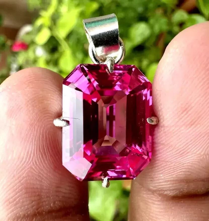 Natural Pink Sapphire 21 Ct Emerald Cut 925 Solid Silver Pendant Gemstone