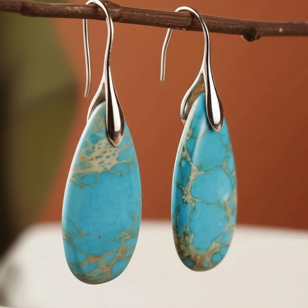 Natural Turquoise Teardrop Stone Earrings Blue Gemstone Dangle Drop Earrings