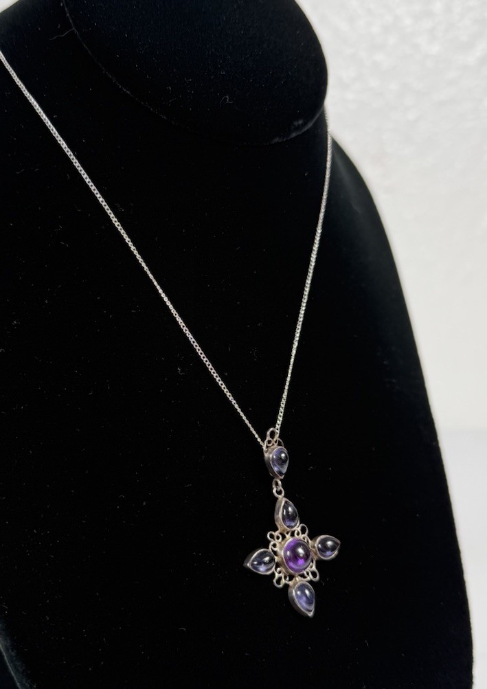 Amethyst Sterling Silver Cross Pendant 925 Crucifix Religious 18″ Necklace