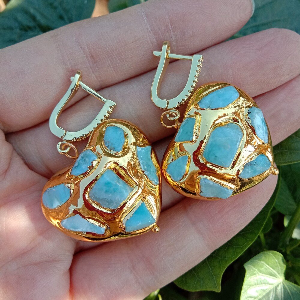 Natural Blue Larimar Heart Shaped Yellow Gold Plated Dangle Lever Back Earrings