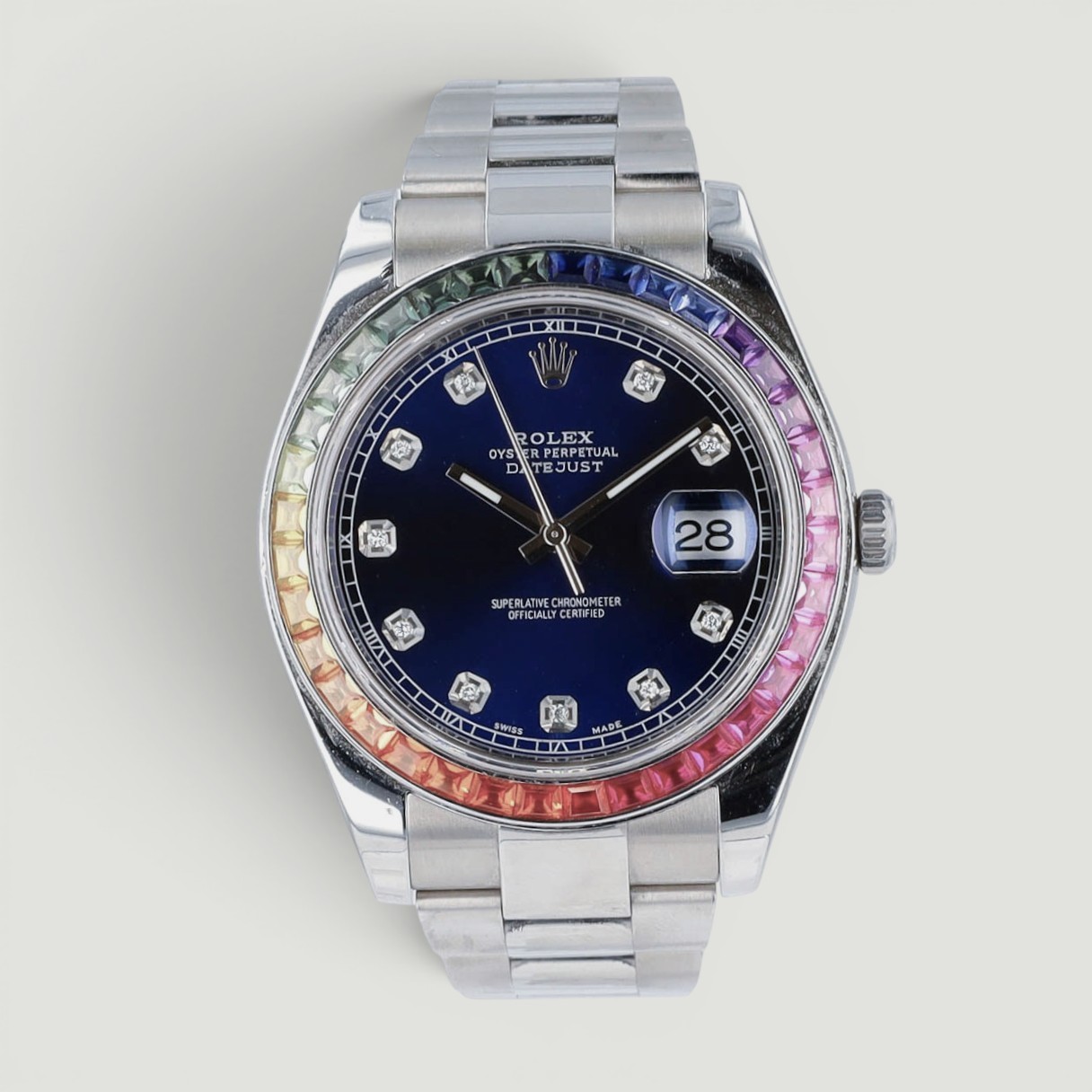 Rolex Datejust II 116334 41mm Blue Diamond Rainbow Oyster Steel Automatic Watch