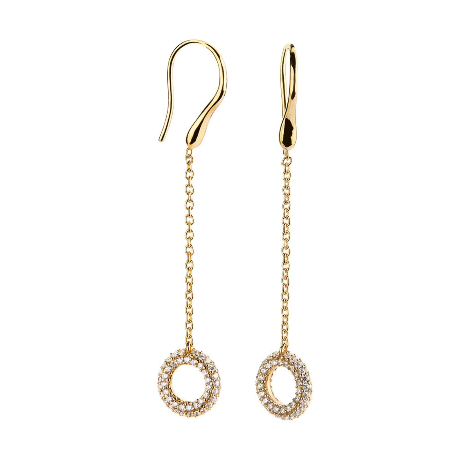 14k Gold Diamond Circle Chain Dangle Drop Earrings Round Charm Wire Hooks