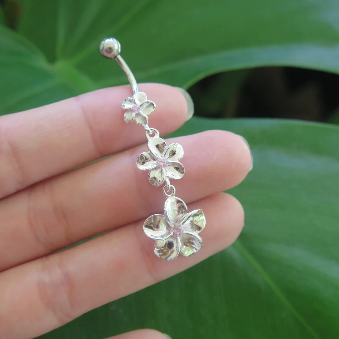 Hawaiian Plumeria Flower Sterling Silver Belly Button Navel Ring Piercing BL2342