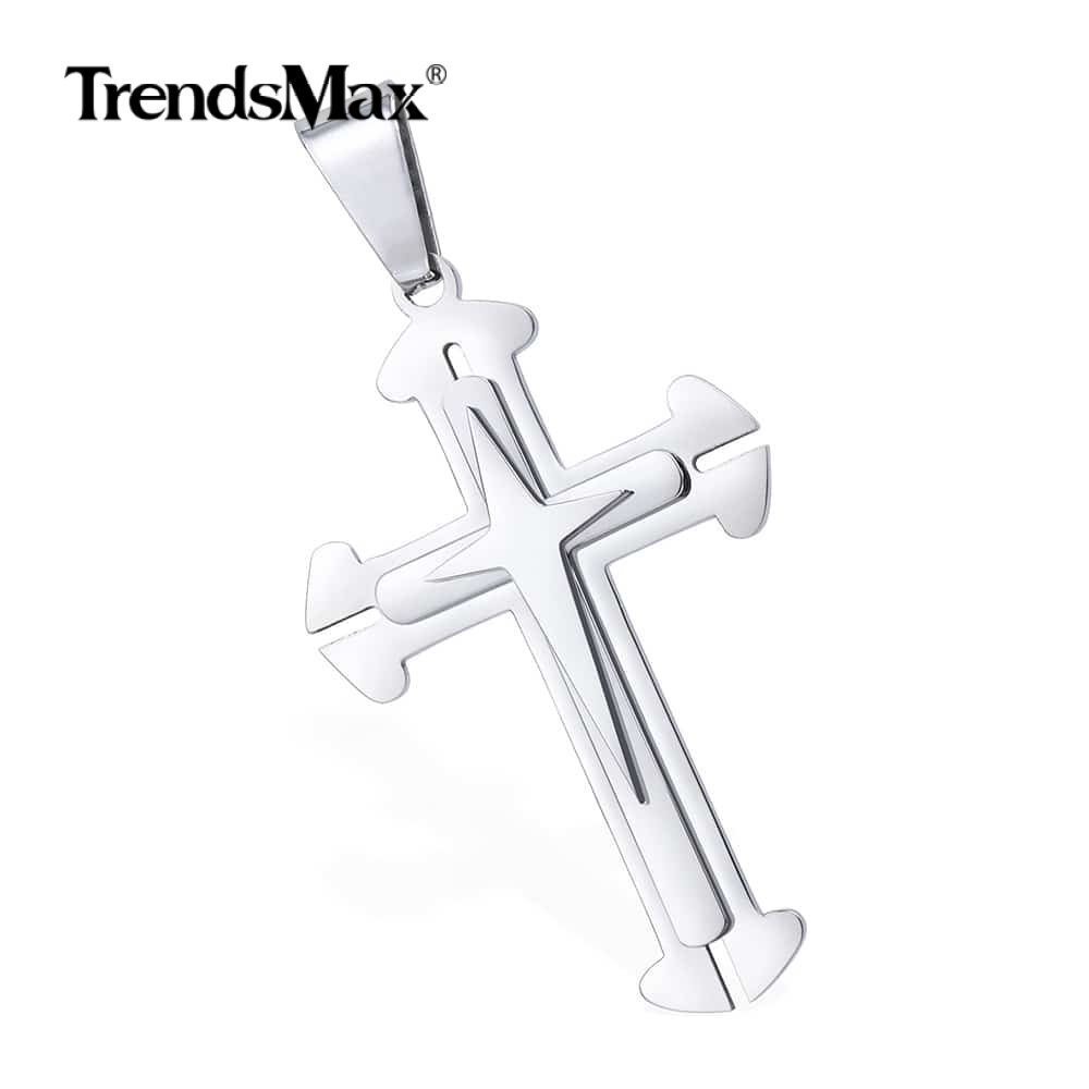 16-30″ Stainless Steel Double Layer Cross Pendant Necklace with Curb Cuban Chain
