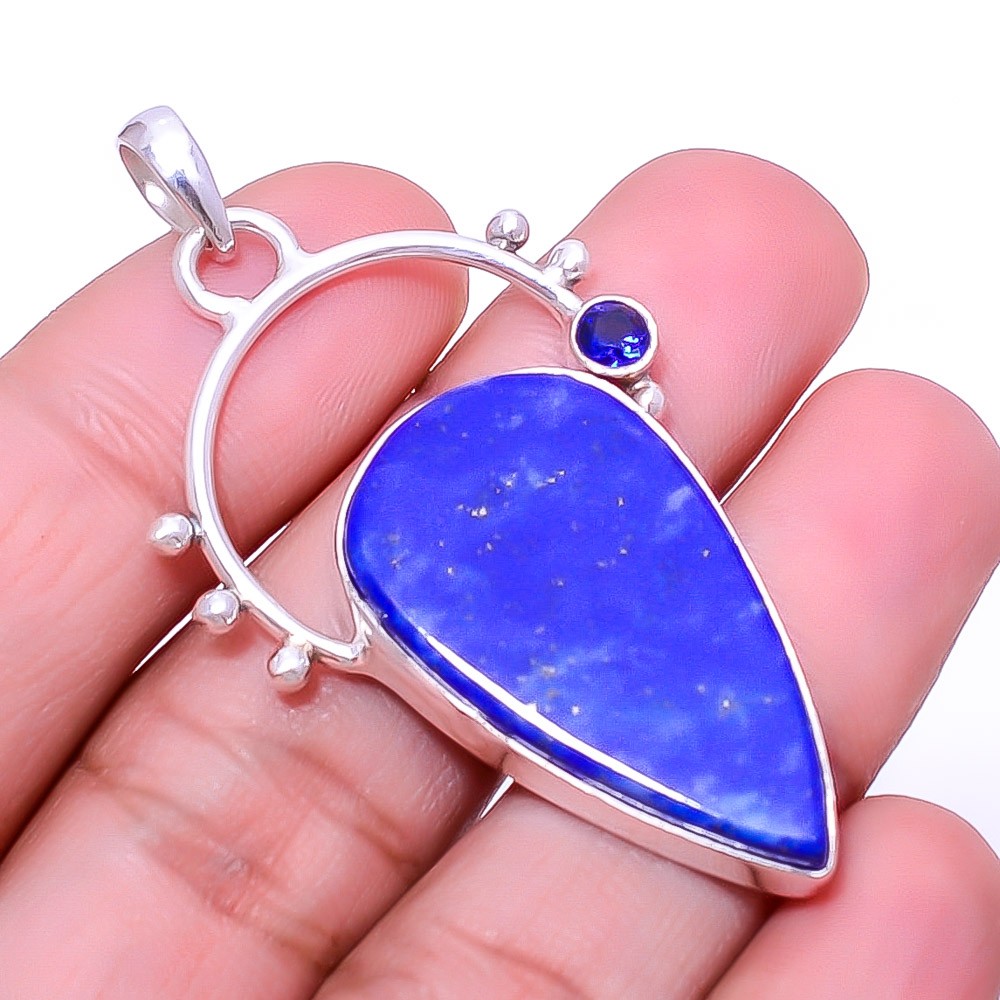 Lapis Lazuli – Afghanistan & Blue Sapphire Simulated 925 Silver Pendant 2.15″ P5