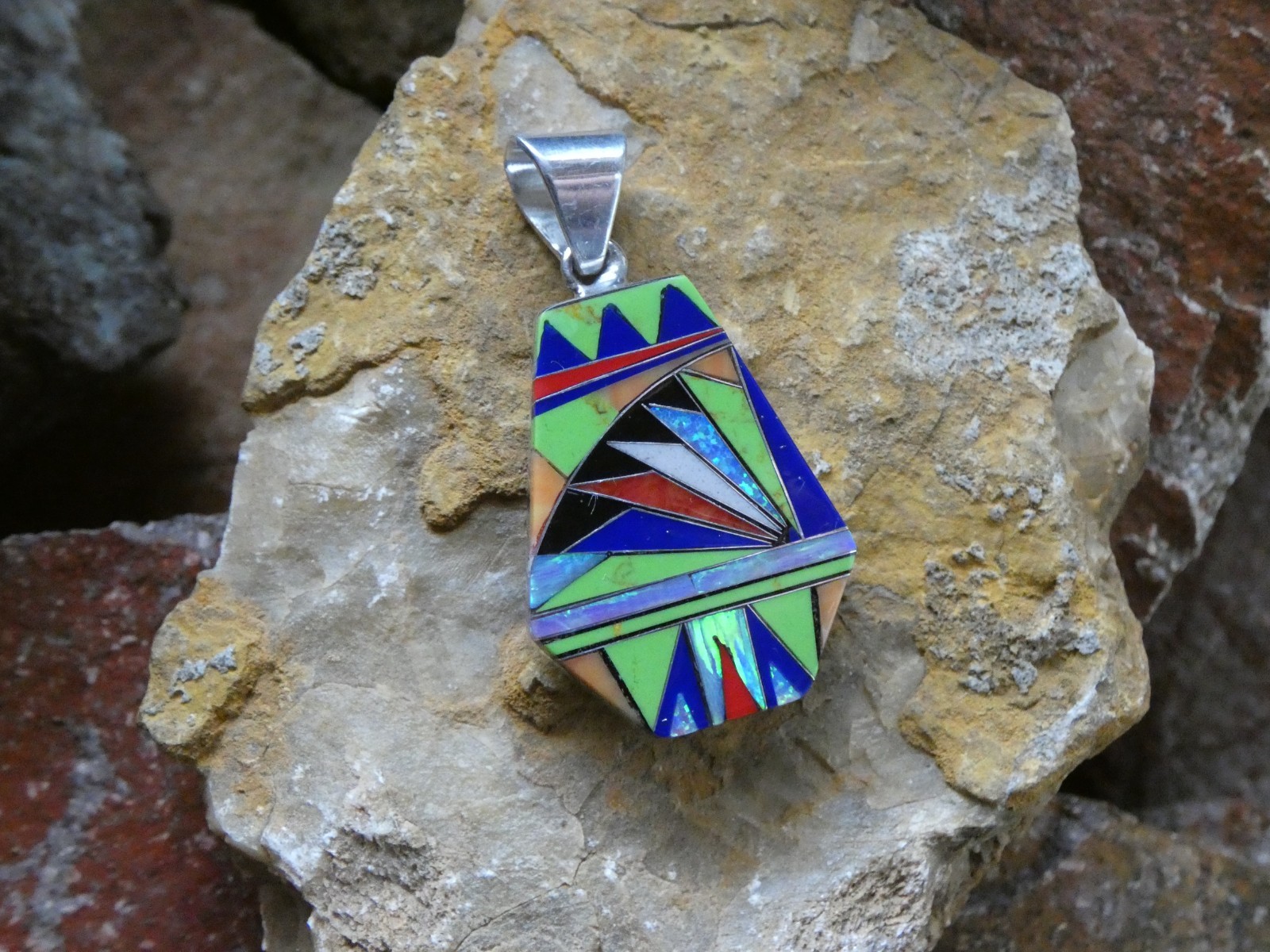 Colorful Micro Inlay Multi Gemstone Sterling Silver Aluminum Alloy Pendant AT6