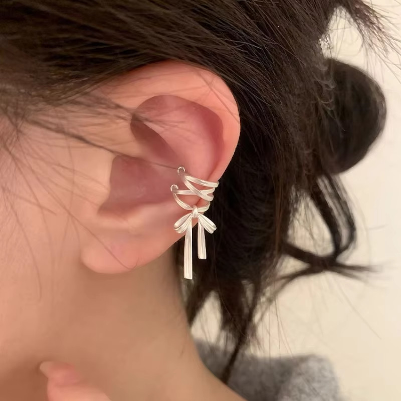 1 Pair925 Sterling Silver Bow Knot Ear Cuff Cartilage Earring Non Piercing Women