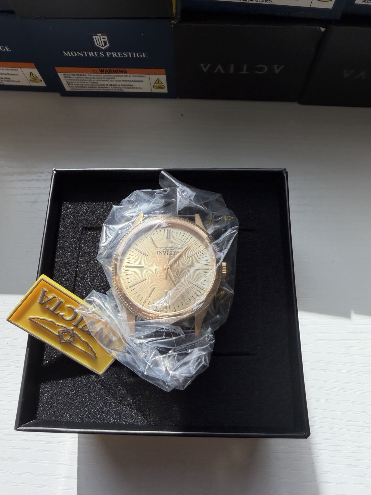 Invicta Men’s Gold Analog Wristwatch Black Leather Strap Dress Formal