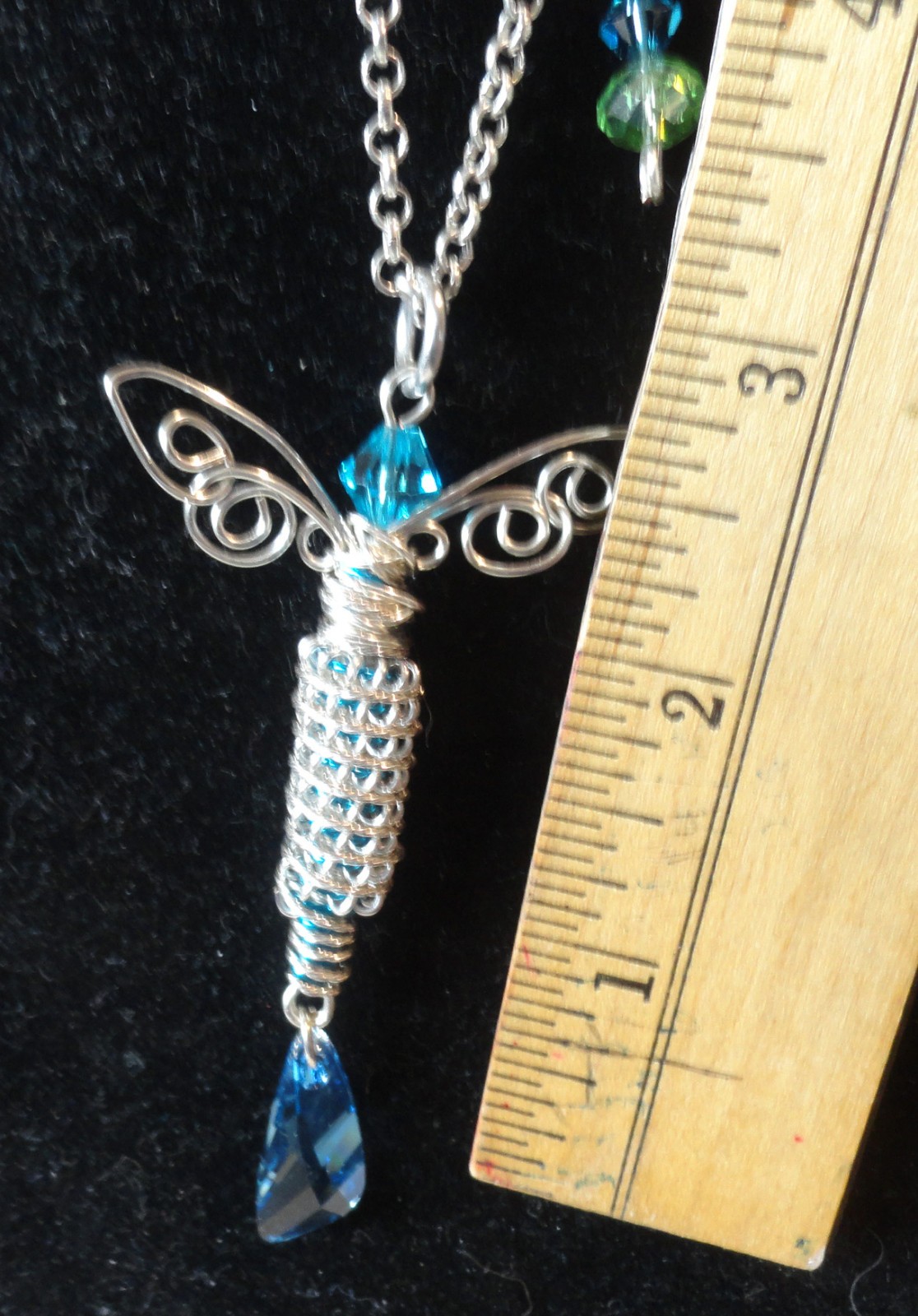 #9305 Silver/Blue Dragonfly Pendant with Swarovski Crystal Drop and Chain.