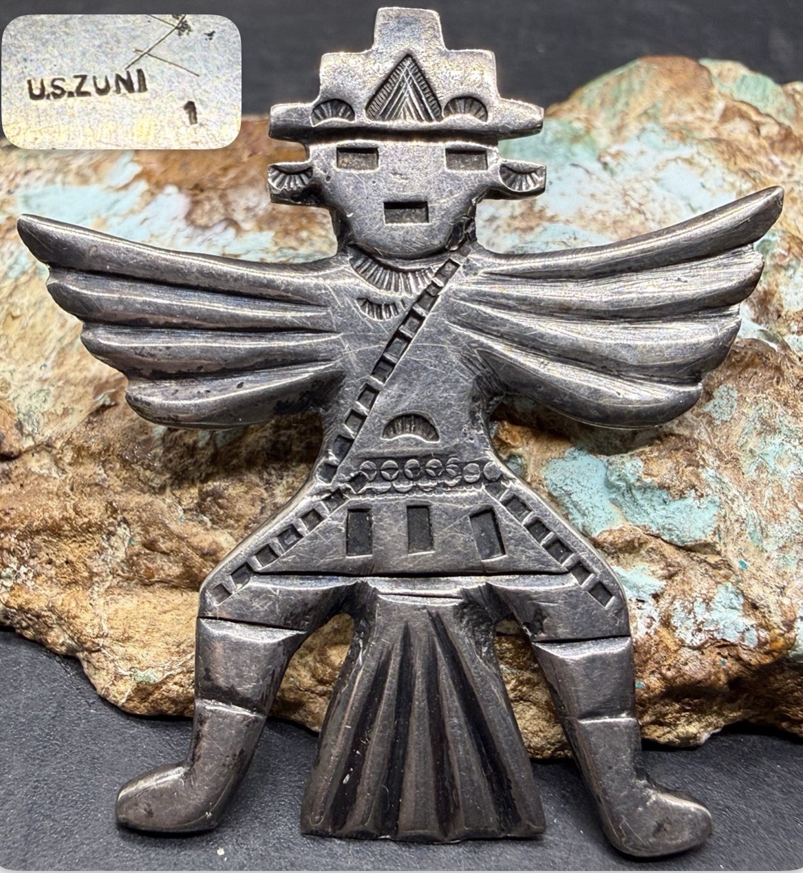 RARE 1930-40’s “U.S ZUNI 1” Signed C.G Wallace Sterling Knifewing Brooch Pin SEE