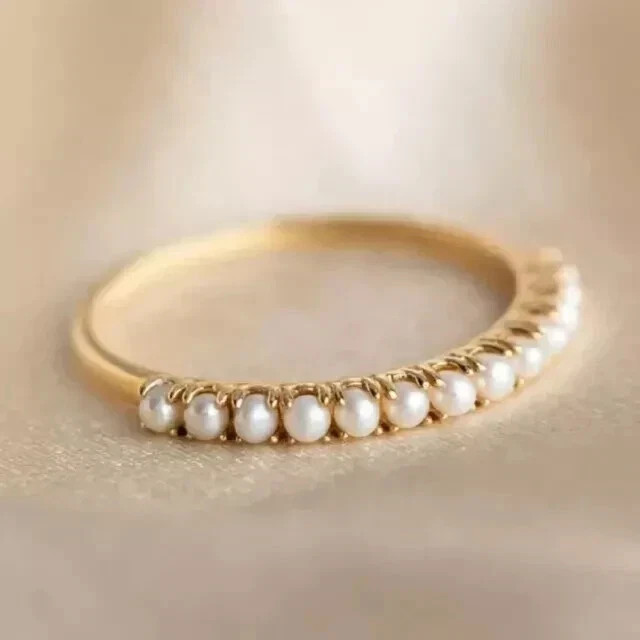 2Ct Round Cut Natural Pearl Half Eternity Wedding Band In 14K Yellow Gold Plated