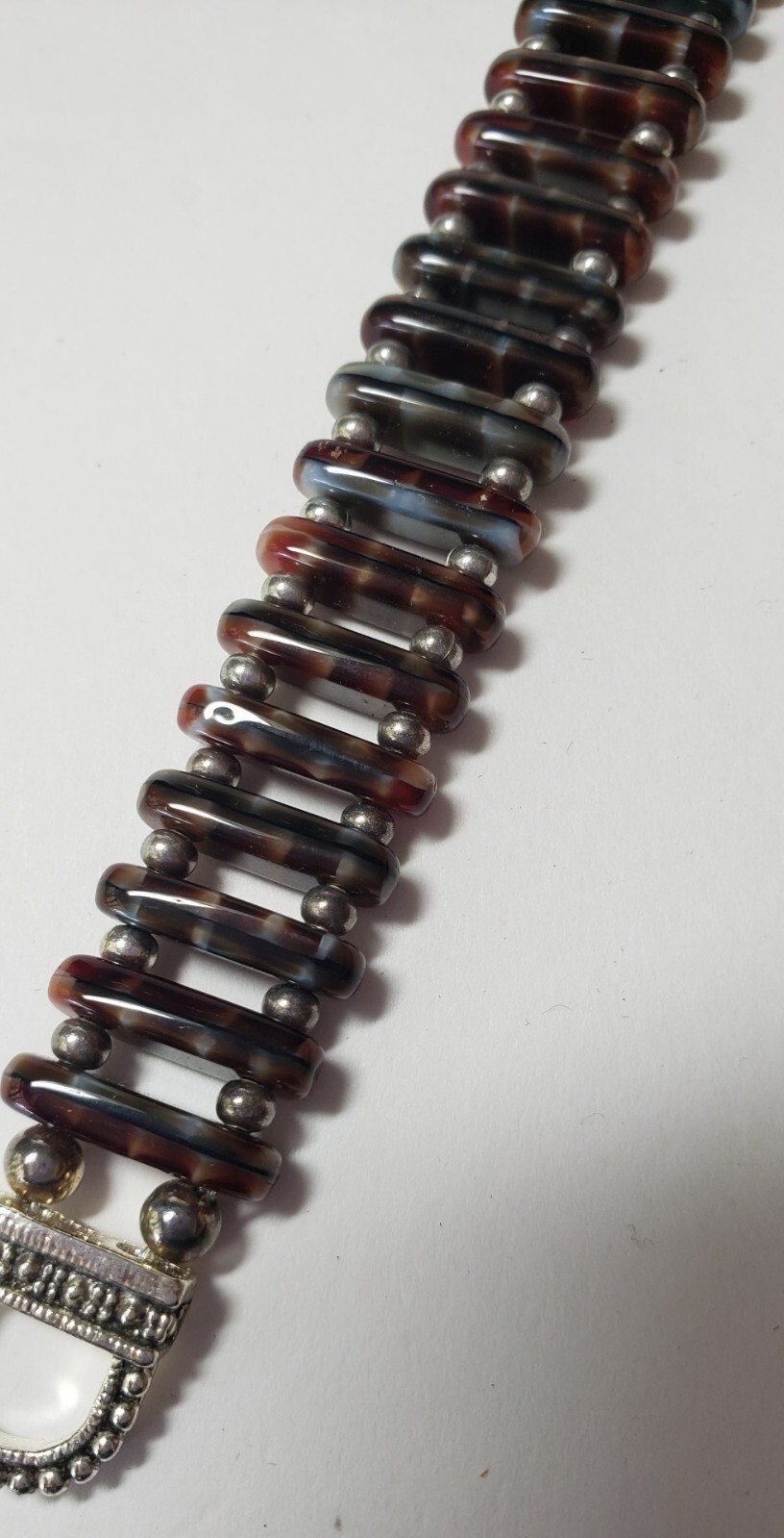 Brown Stone Beaded Small Bracelet with silver tone beads and clasp 6.5 in
