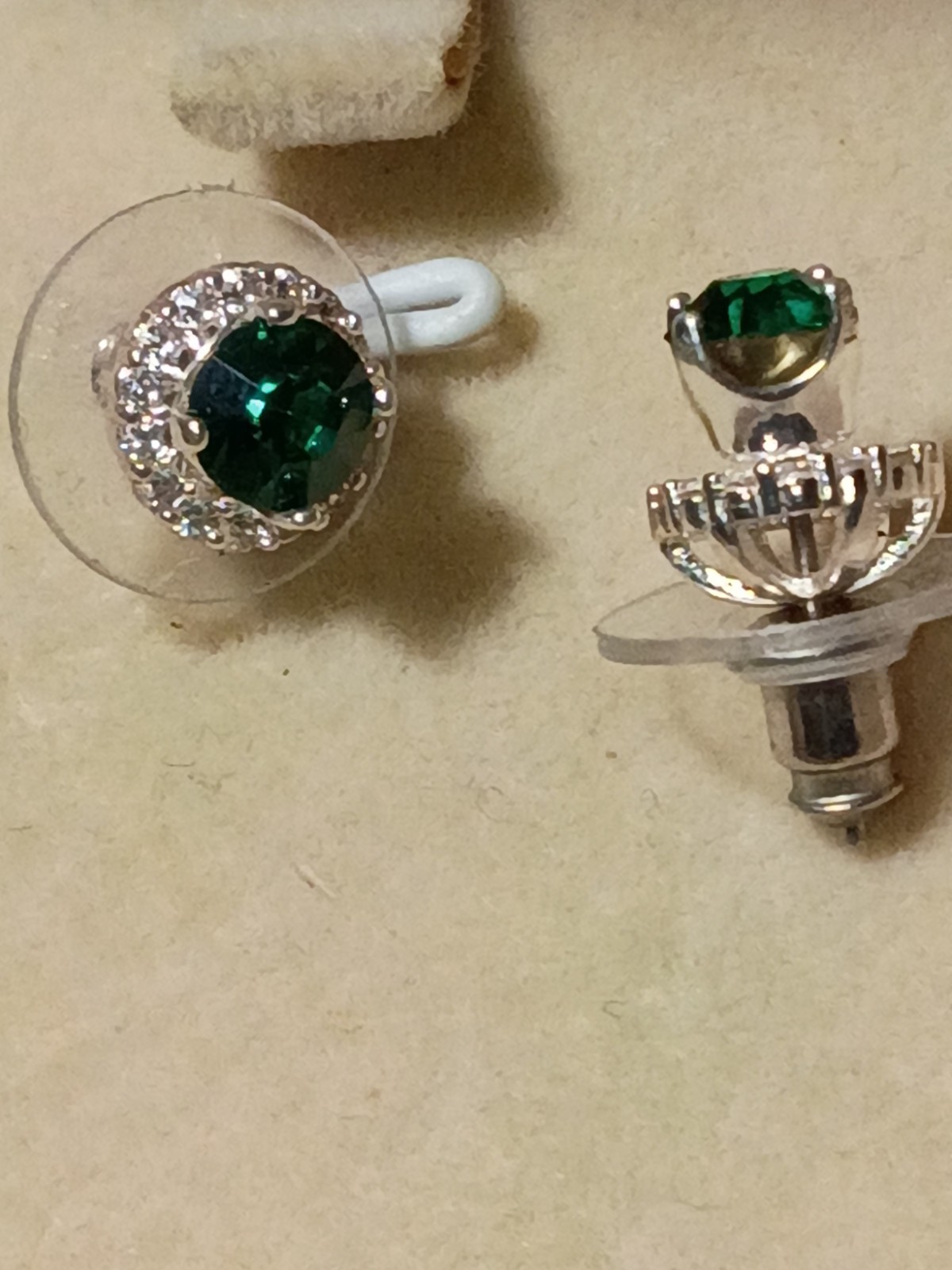 Round Green Crystal Halo Stud Earrings, Silver Tone Metal, Screw Back Closure