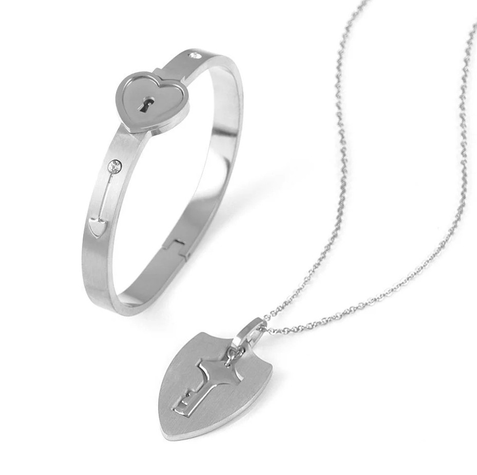 OurCoordinates Heart Lock Bracelet & Key Necklace Jewelry Set