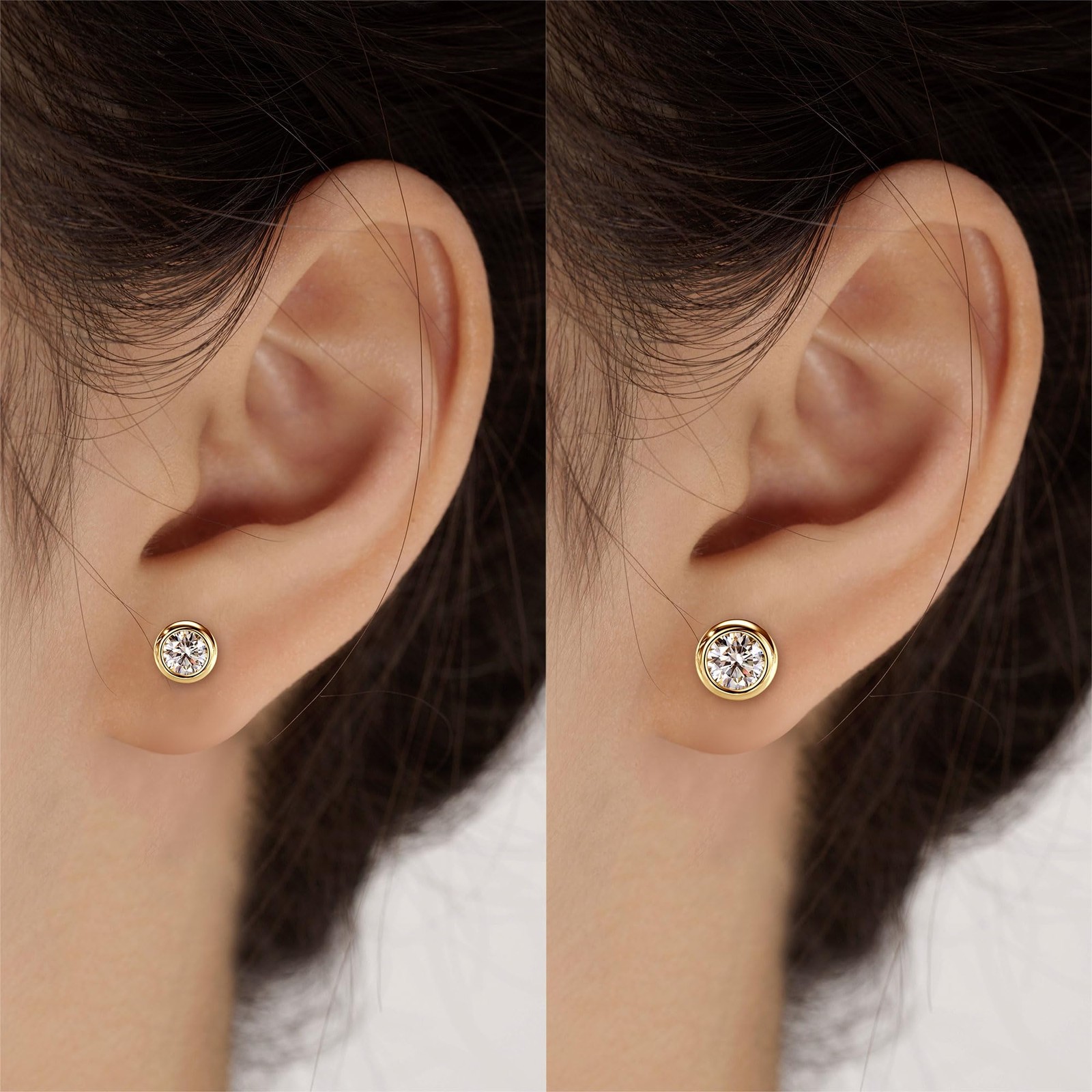 Moissanite Stud Earrings 925 Silver Bezel Set 14K Gold Plated
