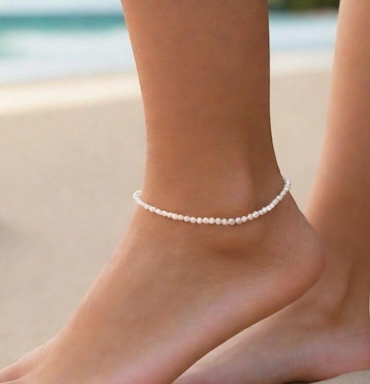 Tiny Freshwater Pearl Stretch Anklet Natural White Pearl Dainty Anklet Gift