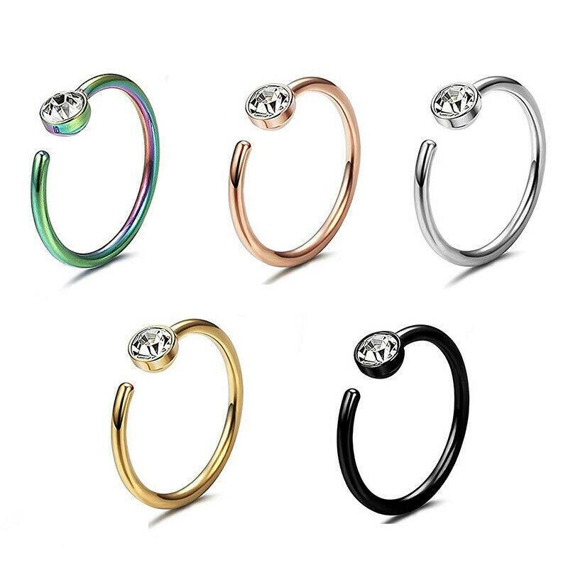 5PCS Nose Ring Hoop Cartilage Ring 18 Gauge 316L Surgical Steel CZ Gem Earrings