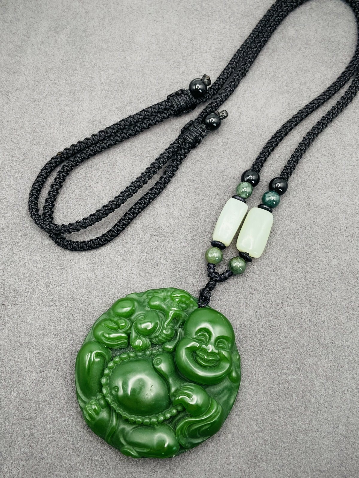 Jade Buddha Charm Pendant Necklace W/ Beads Cord Chain Handmade Carved Gemstone
